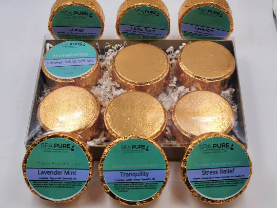 Gift Set with 6 Aromatherapy Shower Tablets - Best Sellers - Gold - 100% Essential Oil Blends
