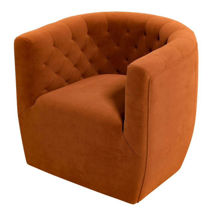 Delaney Burnt Orange Velvet Swivel Chair Closeup.