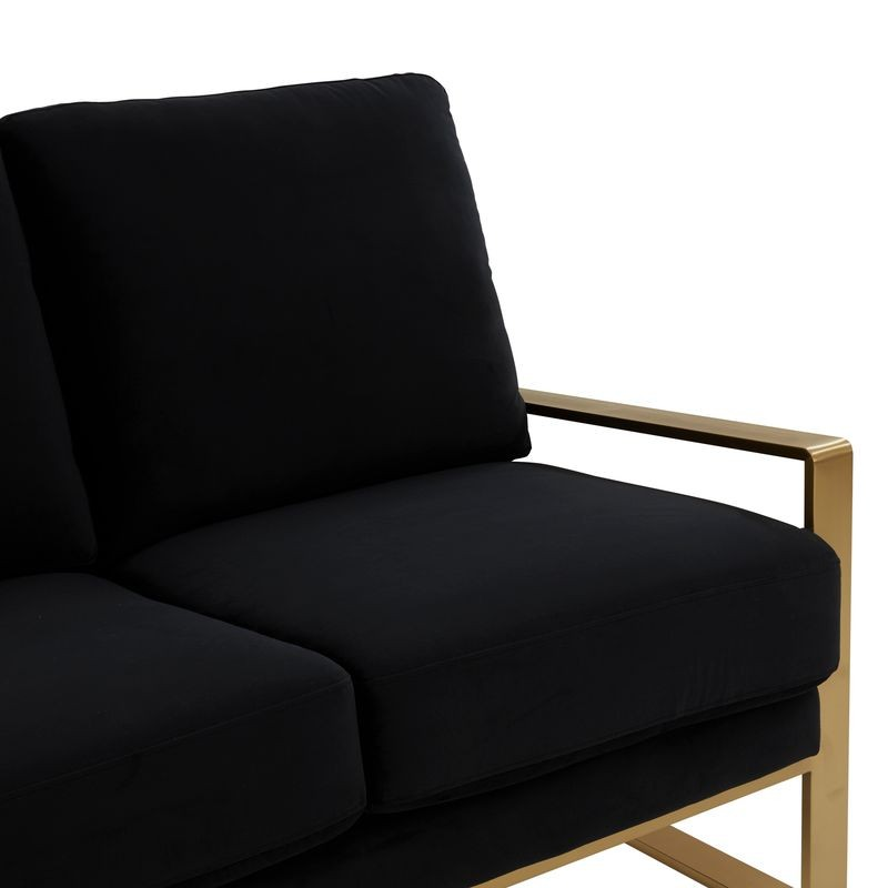 LeisureMod Jefferson Contemporary Modern Design Velvet Sofa with Gold Frame Black Closeup.