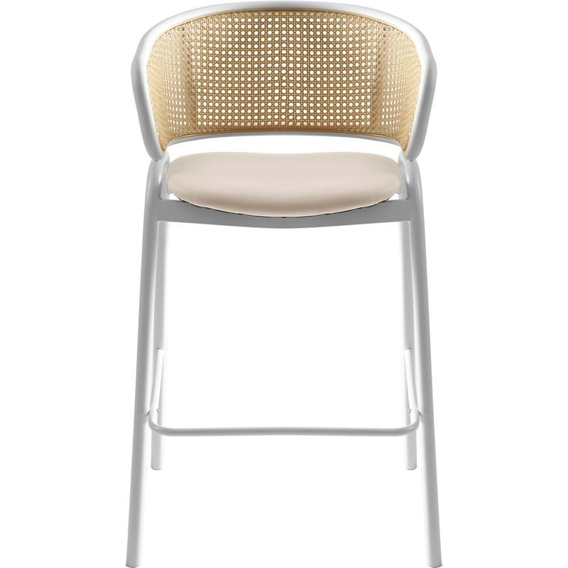 LeisureMod Ervilla Wicker Bar Stool with Fabric Seat and White Steel Frame in White Leather Front View.