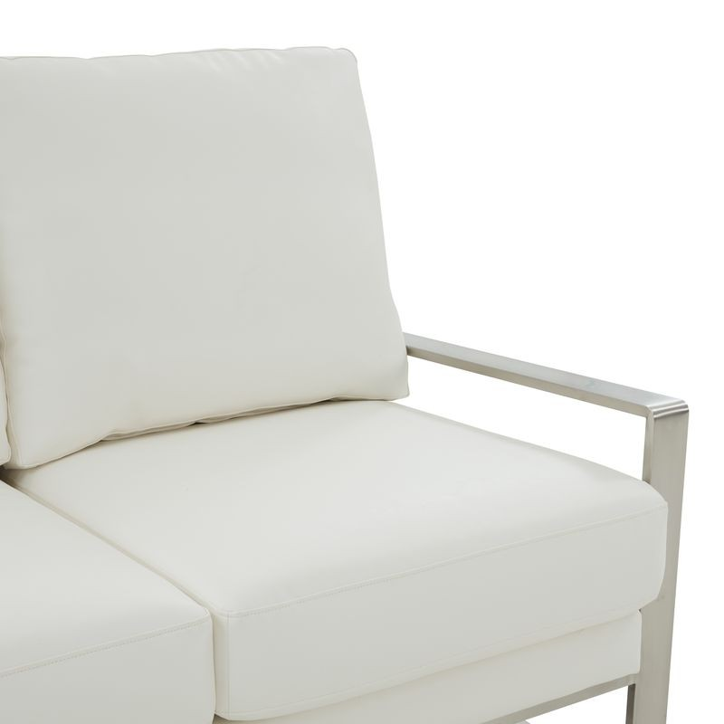 Leisuremod Jefferson Contemporary Modern Faux Leather Loveseat with Silver Frame White Closeup.