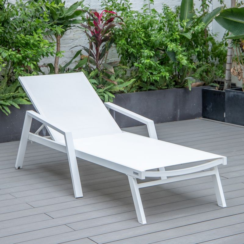 LeisureMod Marlin Patio Chaise Lounge Chair with Armrests in White Aluminum Frame White