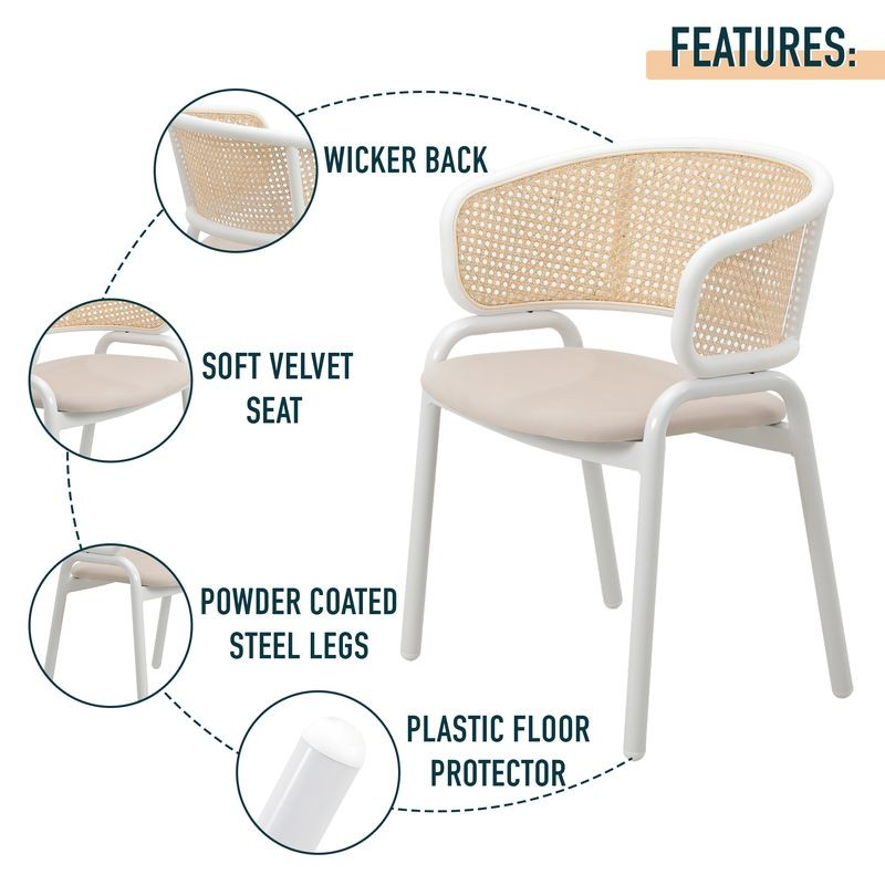 Chair with wicker back and soft velvet seat, featuring powder-coated steel legs and plastic floor protector.