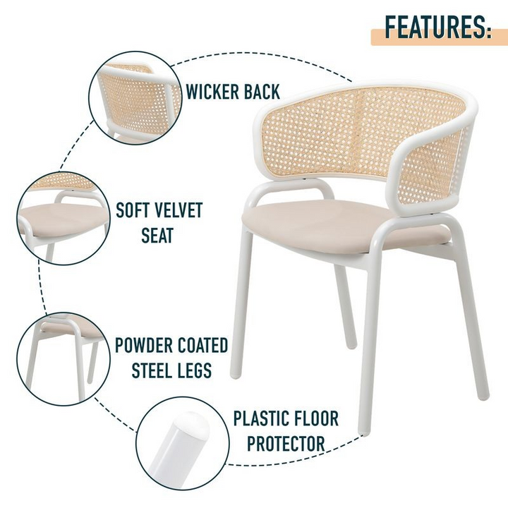 Chair with wicker back and soft velvet seat, featuring powder-coated steel legs and plastic floor protector.