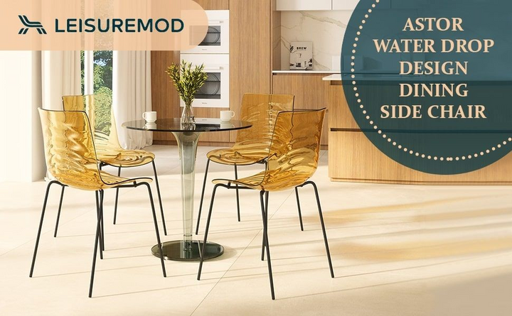 Dining area with yellow chairs and a table, featuring the LeisureMod brand.