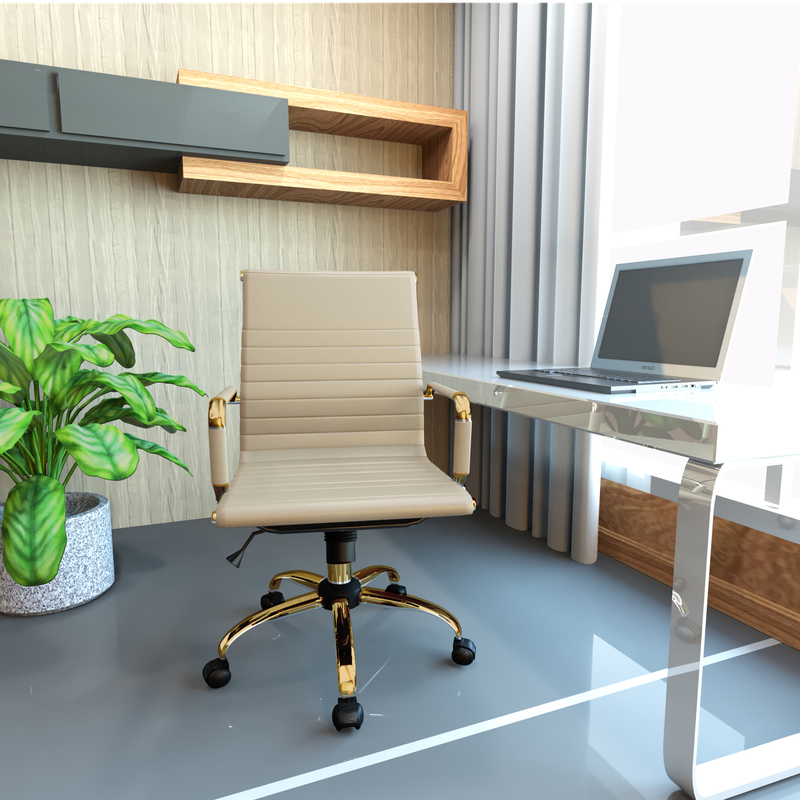 LeisureMod Harris Office Chair with Gold Frame Tan at Desk.