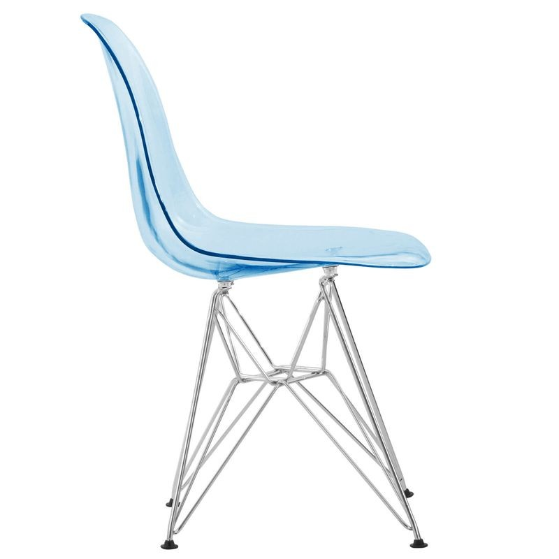 LeisureMod Cresco Molded Eiffel Side Chair Transparent Blue Side View.