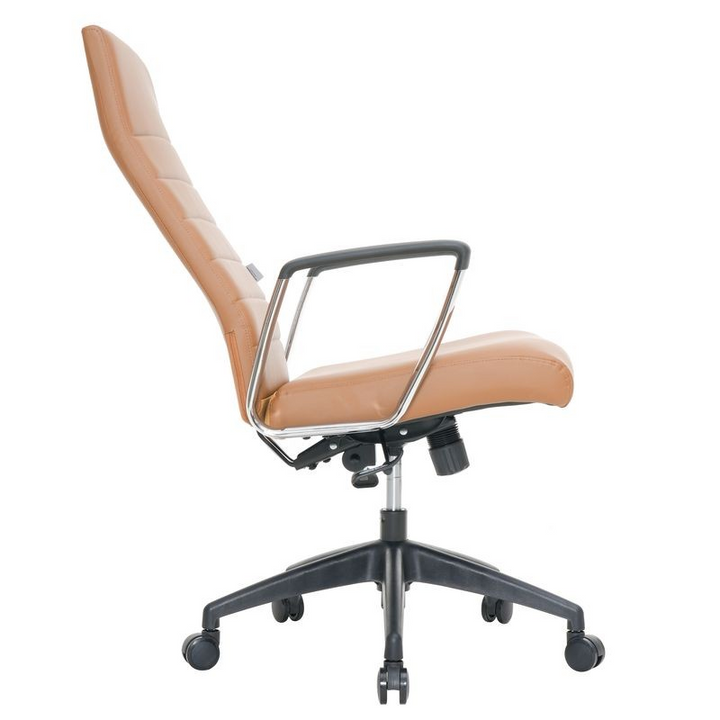 LeisureMod Hilton Modern High-Back Leather Office Chair Light Brown Side View.