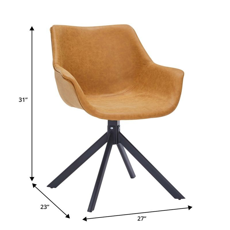 Brown chair with black metal base and dimensions on a white background.