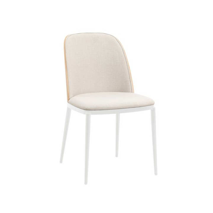 LeisureMod Tule Mid-Century Modern Dining Side Chair with Velvet Seat and White Powder-Coated Steel Frame Natural Wood/Beige
