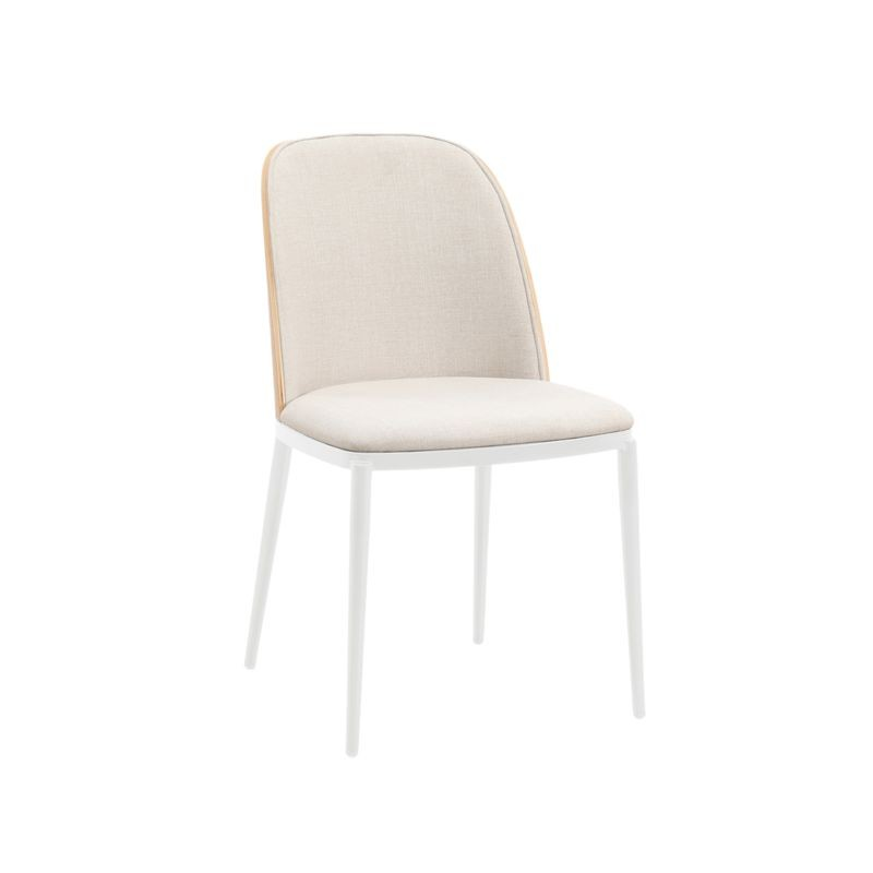 LeisureMod Tule Mid-Century Modern Dining Side Chair with Velvet Seat and White Powder-Coated Steel Frame Natural Wood/Beige