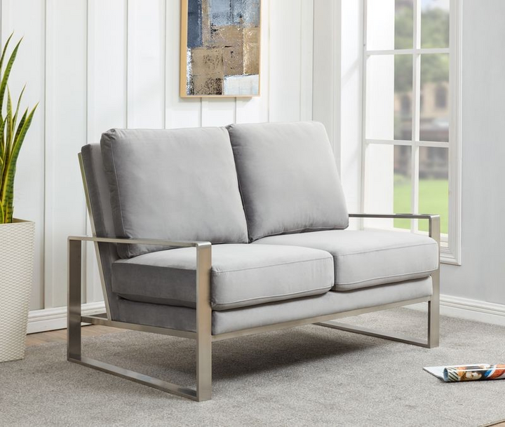 Leisuremod Jefferson Contemporary Modern Velvet Loveseat with Silver Frame Light Grey with Background.