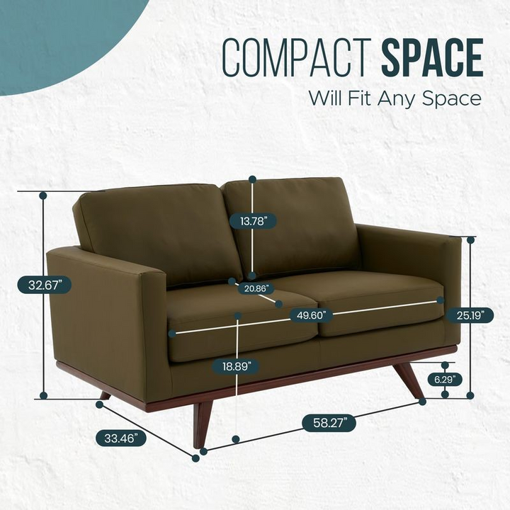 LeisureMod Chester Modern Faux Leather Loveseat Chair in Green Leather Compact Space.