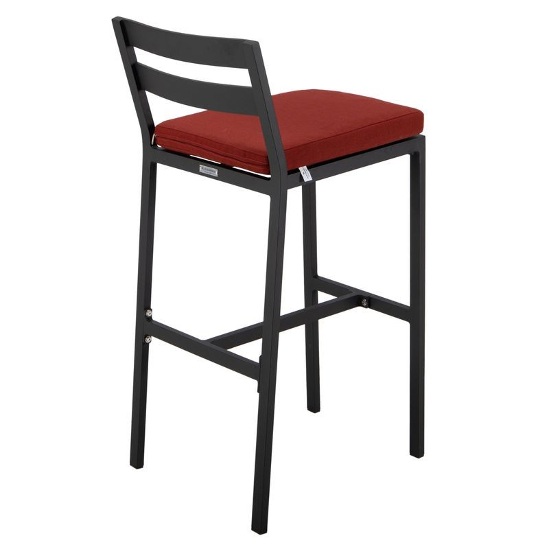 LeisureMod Chelsea Collection Modern Aluminum Outdoor Bar Chair in Black with Cherry Cushions Back View.