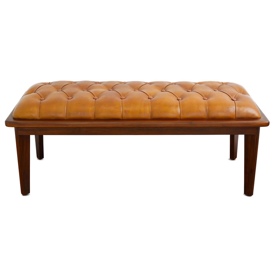 Arden Tan Leather Bench with Buttons