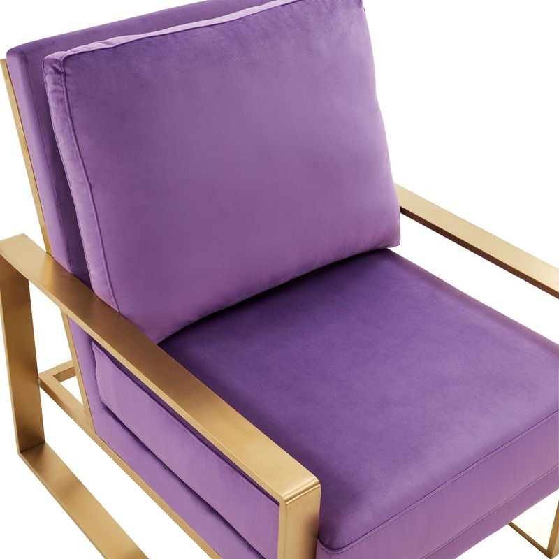 LeisureMod Jefferson Velvet Design Accent Armchair with Gold Brass Finish Frame Purple Zoomed In.