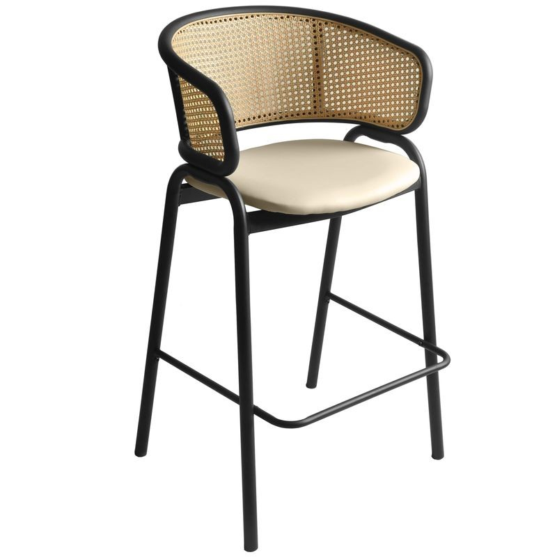 LeisureMod Ervilla Wicker Bar Stool with Fabric Seat and Black Steel Frame in Beige Leather
