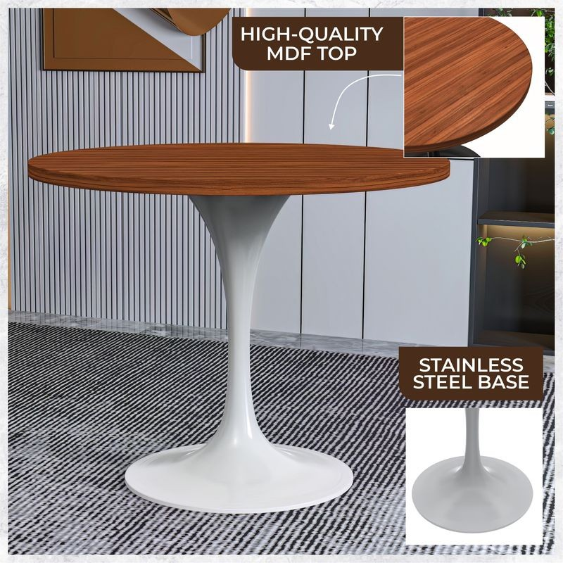 Wooden table with white base on a patterned rug, highlighting MDF top and stainless steel base.