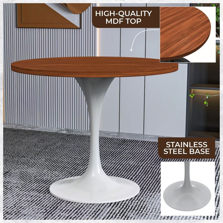Wooden table with white base on a patterned rug, highlighting MDF top and stainless steel base.