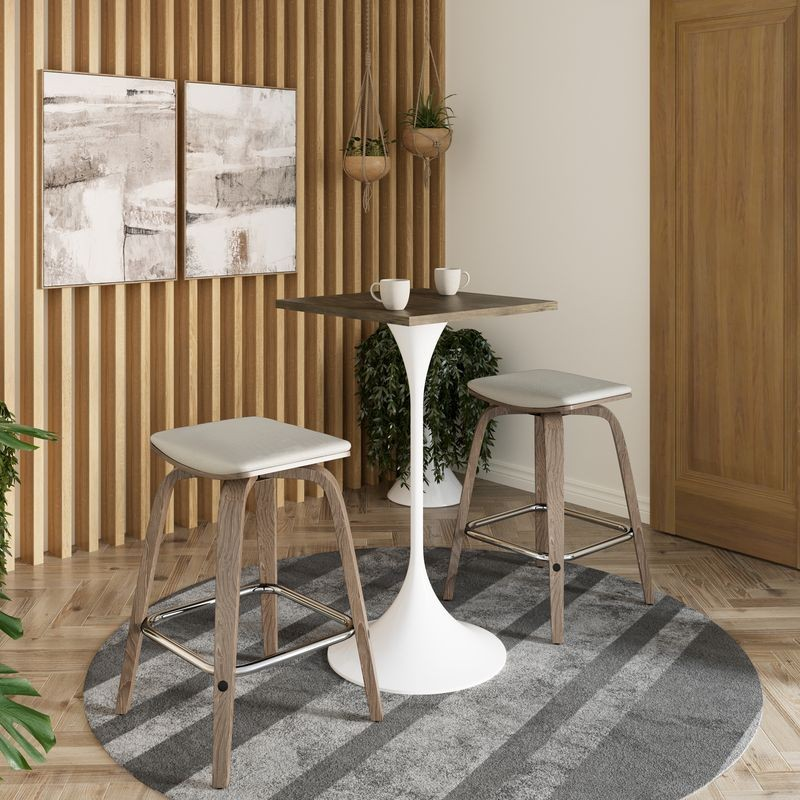 LeisureMod Verve Collection 24 Square Top Bar Height Table, White Base with Dark Maple MDF Top in Room.