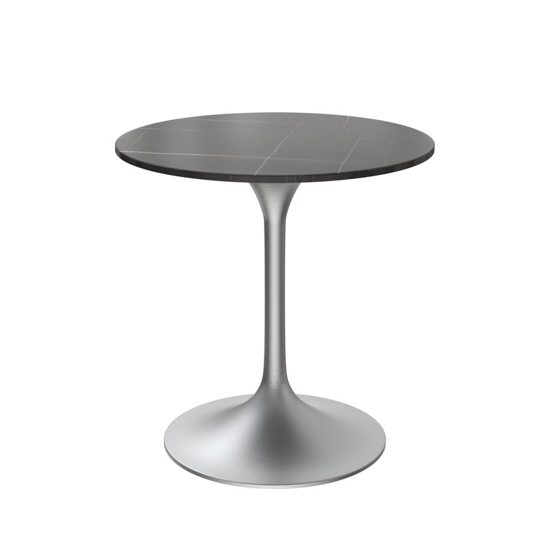 LeisureMod Verve Collection 27 Round Dining Table, Brushed Chrome Base with Sintered Stone Black Top