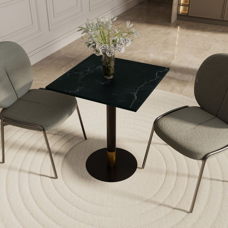 LeisureMod Vail Collection Dining Table Black/Gold Base With 24" Square Black MDF Top in Room.