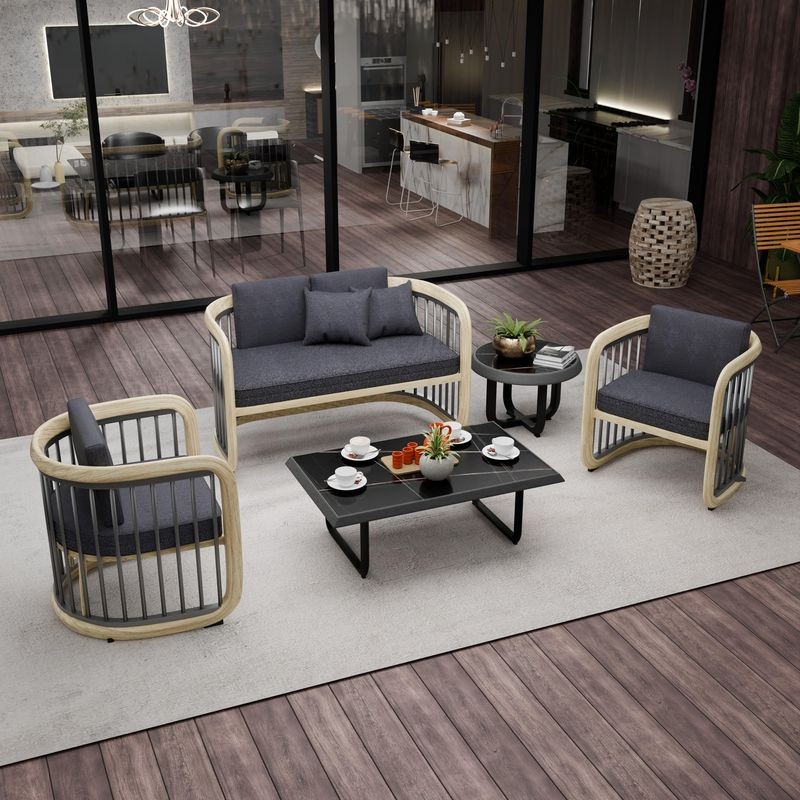LeisureMod Klyra 5-Piece Aluminum Conversation Set with 2 Accent Chairs, Sofa, Coffee Table, Side Table in Grey