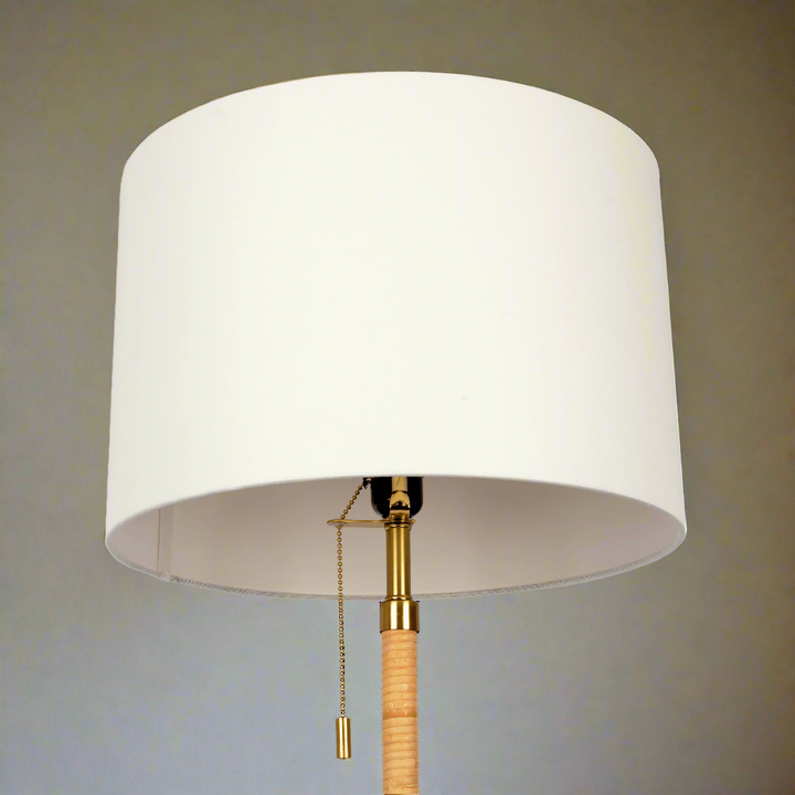 Stellar Wood Rattan Tube, Gold Brass Metal and White Linen Shade Floor Lamp Closeup