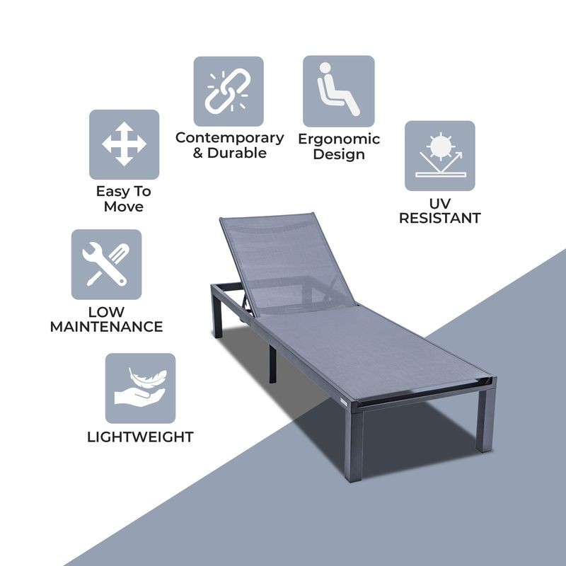 LeisureMod Marlin Patio Chaise Lounge Chair with Black Aluminum Frame Dark Grey Description.