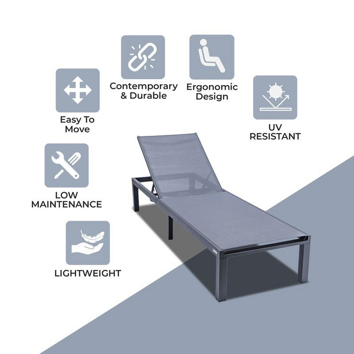 LeisureMod Marlin Patio Chaise Lounge Chair with Black Aluminum Frame Dark Grey Description.