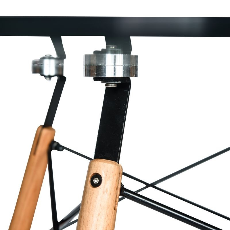 LeisureMod Dover Round Bistro Glass Top Dining Table w/Natural Wood Eiffel Base Zoomed.