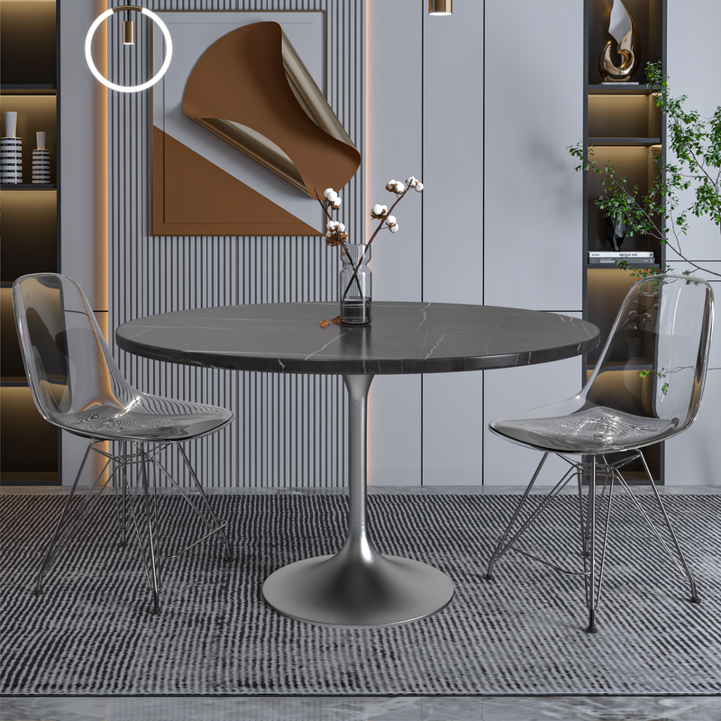 LeisureMod Verve Collection 48 Round Dining Table, Brushed Chrome Base with Sintered Stone Black Top in Room.