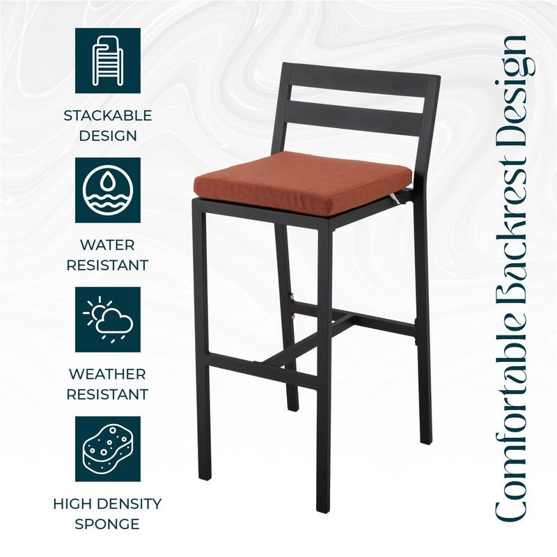 Bar stool with a red cushion on a white background with feature icons and text.