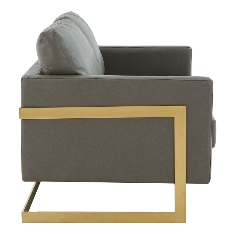 LeisureMod Lincoln Modern Mid-Century Upholstered PU Leather Loveseat with Gold Frame Grey Side View.