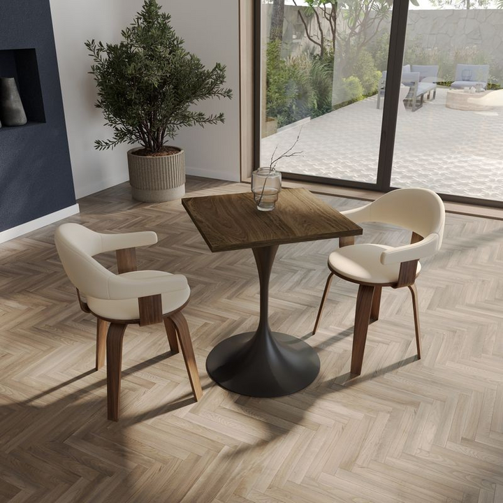 LeisureMod Verve Collection 24 Square Dining Table, Black Base with Dark Maple MDF Top with Chairs.