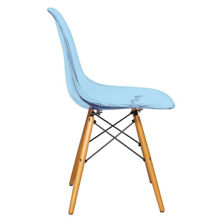 LeisureMod Dover 3-Piece Dining Set with Round Black MDF Top Bistro Table and 2 Plastic Chairs in Blue Side Chair View.