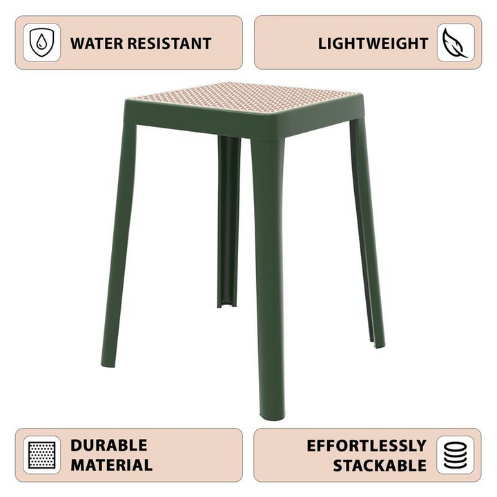 LeisureMod Tresse Series Stackable Poly Stool with Wicker Top 12 in Green Description.
