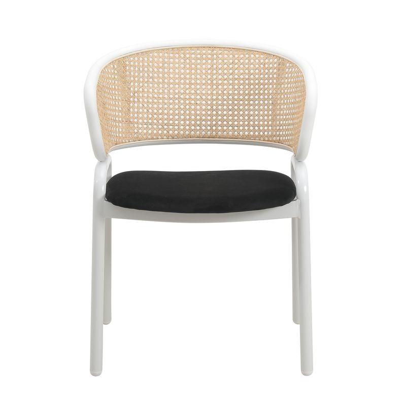 Leisuremod Ervilla Modern Dining Chair with White Powder Coated Steel Legs and Wicker Back Black Front View.