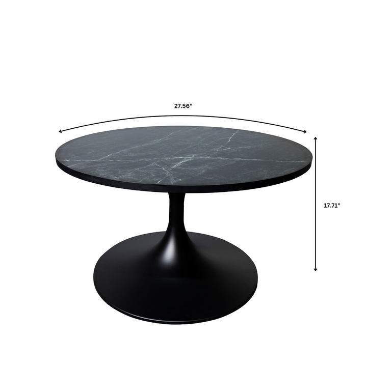 LeisureMod Verve Coffee Table Black base with 27" round Black Marble MDF Top Dimensions.