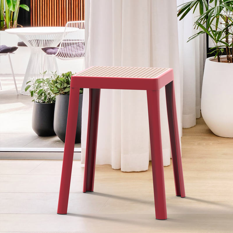 LeisureMod Tresse Series Stackable Poly Stool with Wicker Top 12 in Red with Background.