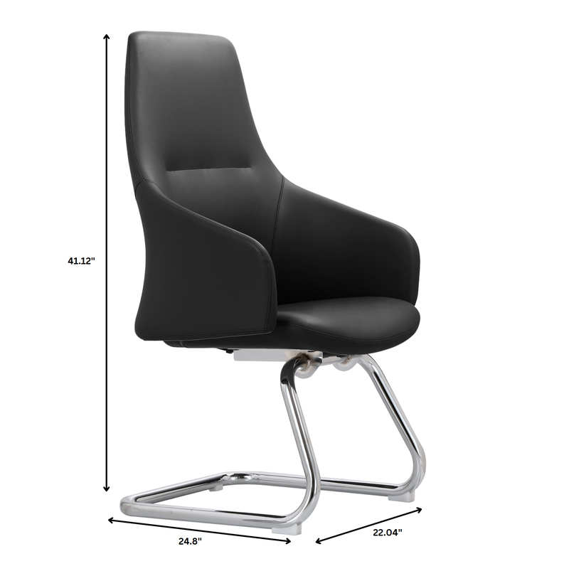Black chair with measurements on a white background.