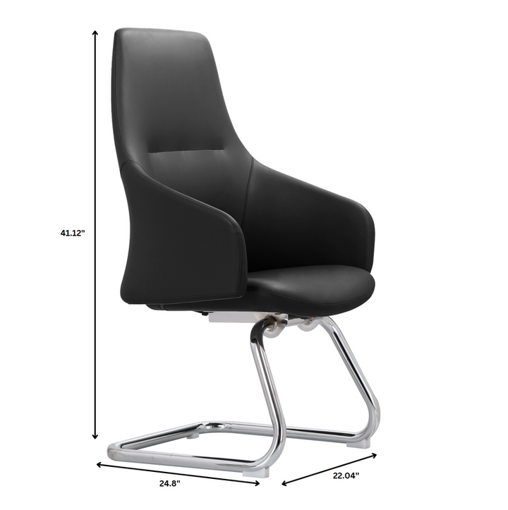 Black chair with measurements on a white background.