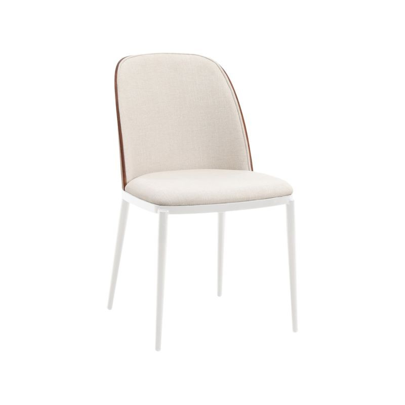 LeisureMod Tule Mid-Century Modern Fabric Dining Side Chair with White Powder-Coated Steel Frame Walnut/Beige