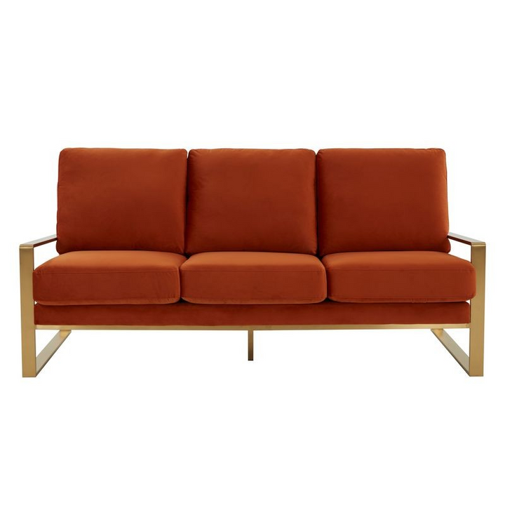 LeisureMod Jefferson Contemporary Modern Design Velvet Sofa with Gold Frame Orange Photo.
