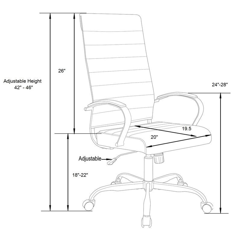 Technical drawing of an office chair with dimensions labeled.