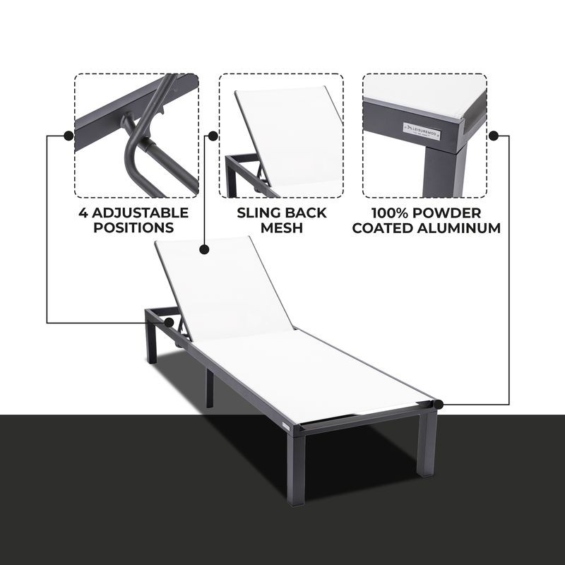 LeisureMod Marlin Patio Chaise Lounge Chair with Black Aluminum Frame White Details.