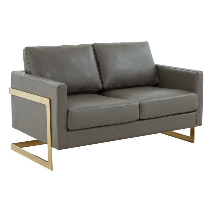 LeisureMod Lincoln Modern Mid-Century Upholstered PU Leather Loveseat with Gold Frame Grey
