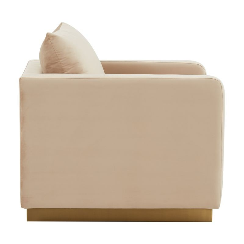 LeisureMod Nervo Velvet Accent Armchair with Gold Frame Beige Side View.