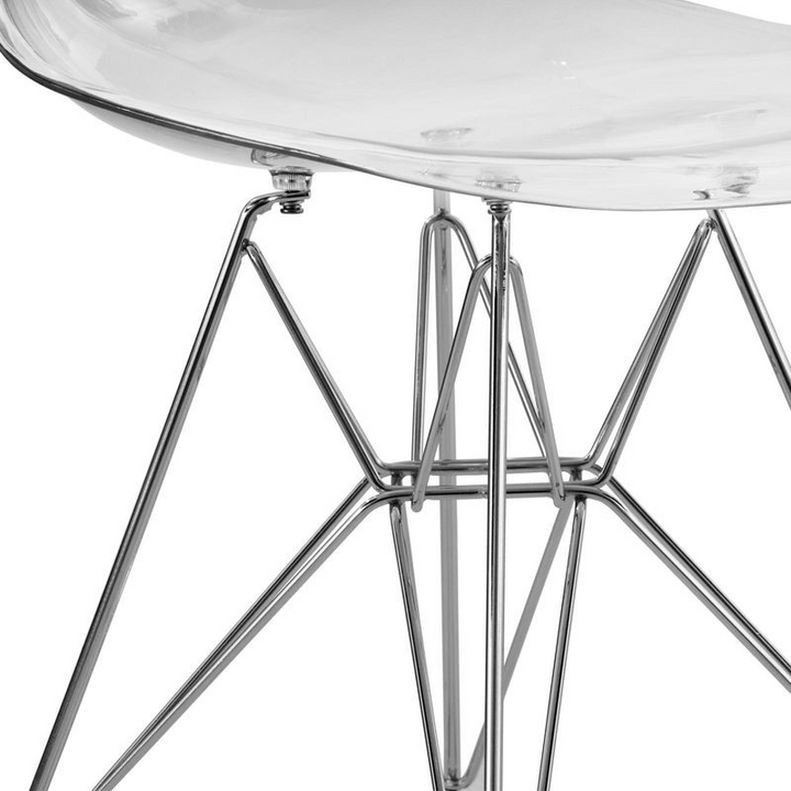 LeisureMod 5-Piece Dining Set 35" Round Dining Table in Black Iron 4 ABS Plastic Side Chair in Chrome Clear Chair Closeup.