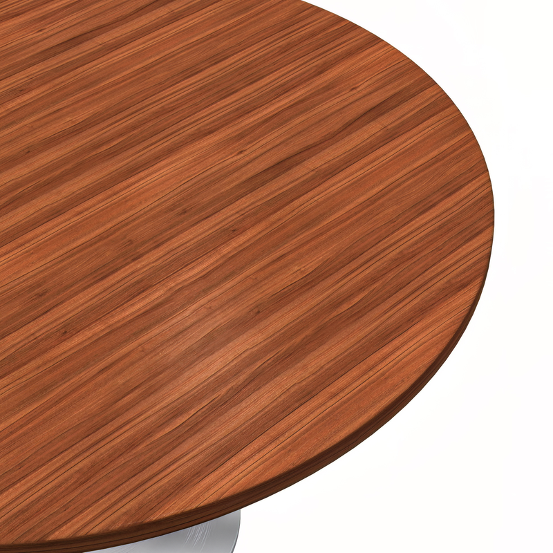 LeisureMod Verve Collection 48 Round Dining Table, White Base with Cognac Brown MDF Top View.